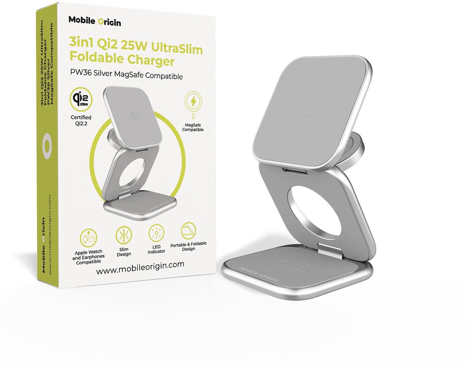 Mobile Origin 3in1 Qi2 25 W UltraSlim Foldable Charger PW36 MagSafe Compatible Silver