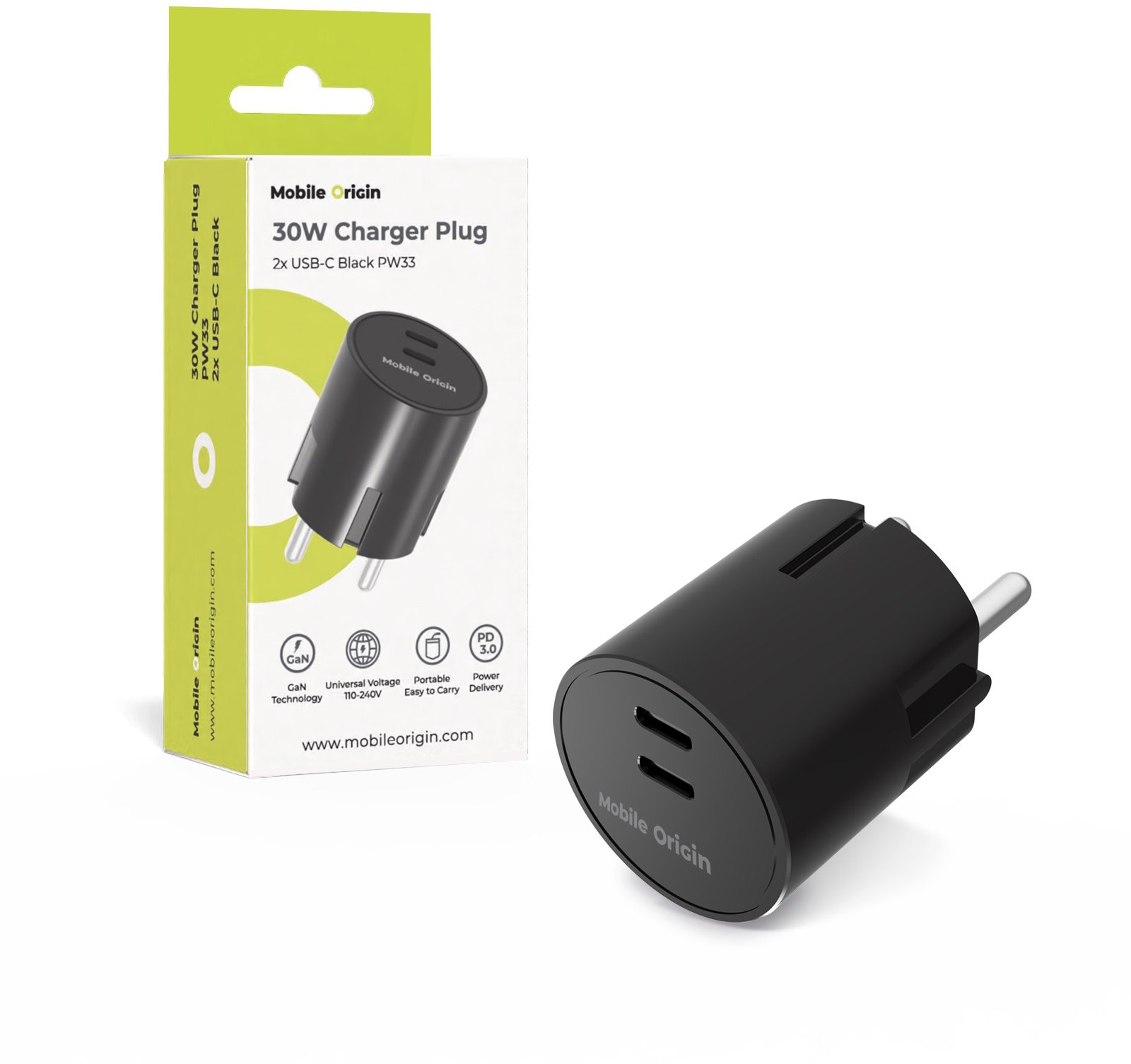 Mobile Origin 30 W Charger Plug PW33 2× USB-C Black