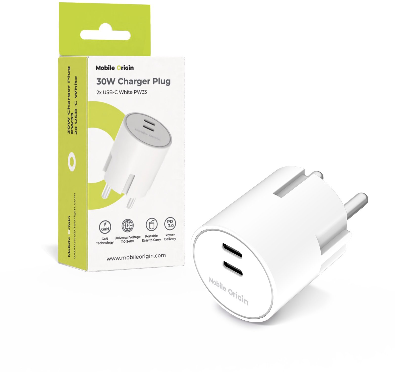 Mobile Origin 30 W Charger Plug PW33 2× USB-C White