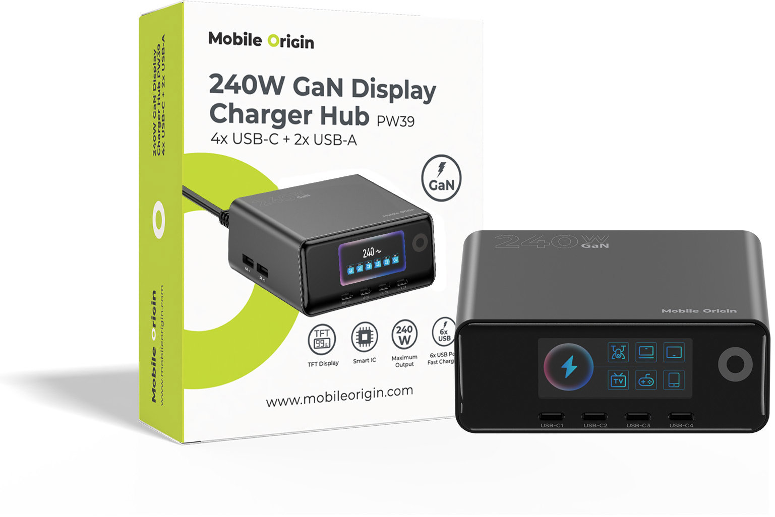 Mobile Origin 240 W GaN Display Charger Hub PW39 – 4× USB-C + 2× USB-A