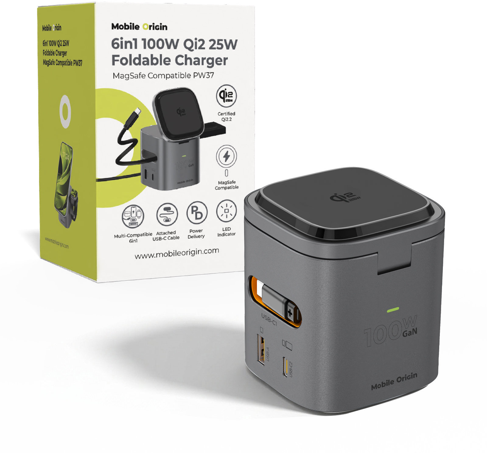 Mobile Origin 100 W Qi2 25 W Foldable Charger PW37 MagSafe Compatible