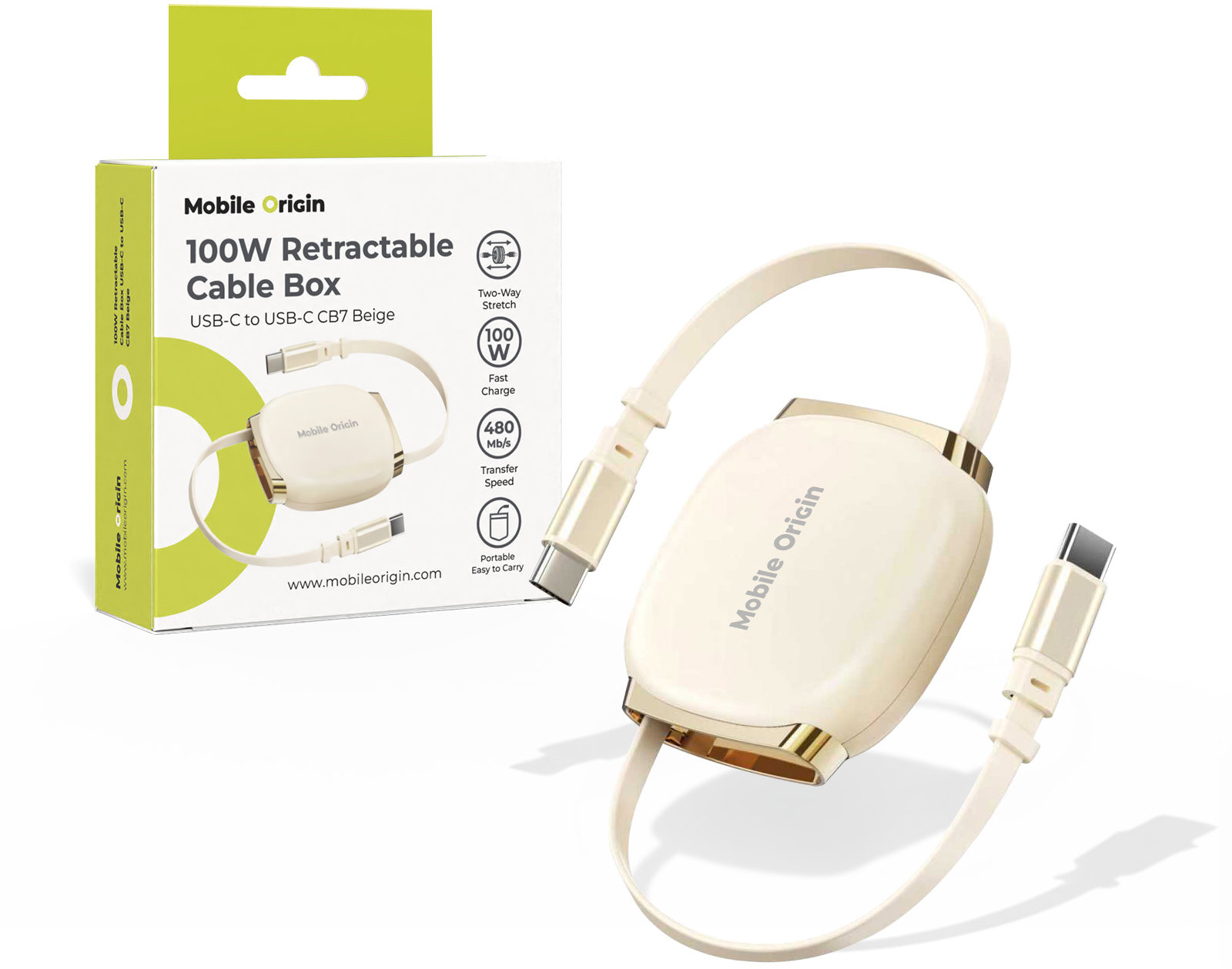 Mobile Origin 100W Retractable Cable Box USB-C na USB-C CB7 Beige