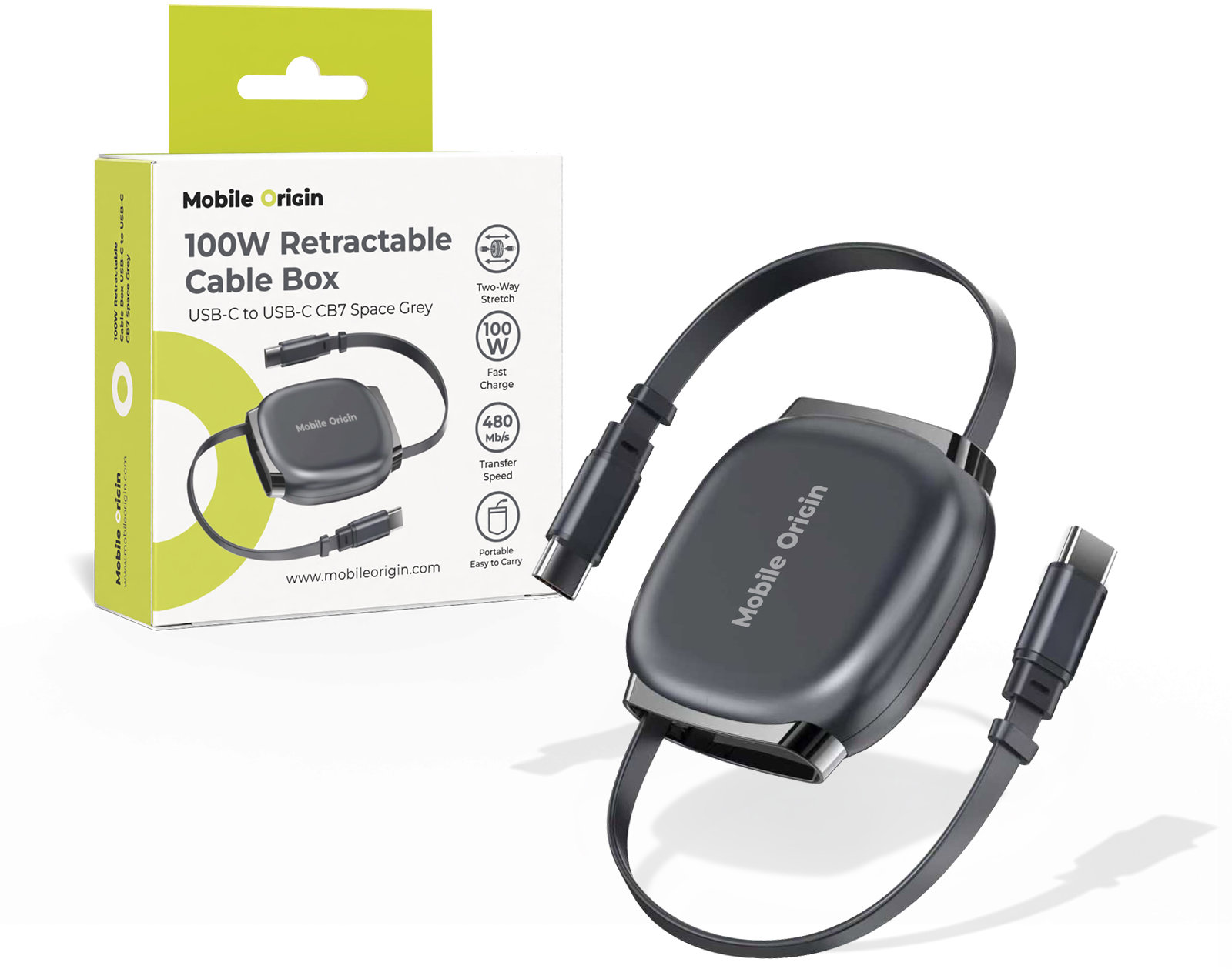 Mobile Origin 100W Retractable Cable Box USB-C na USB-C CB7 Space Grey