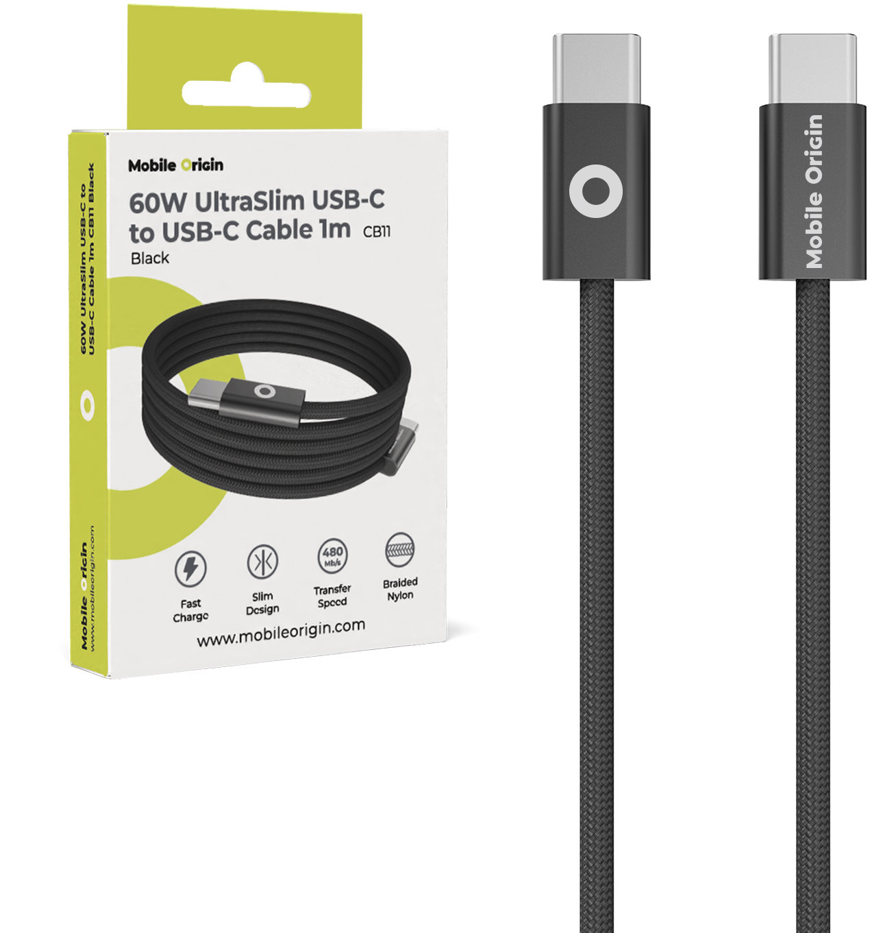 Mobile Origin 60 W UltraSlim USB-C to USB-C Cable 1 m CB11 Black