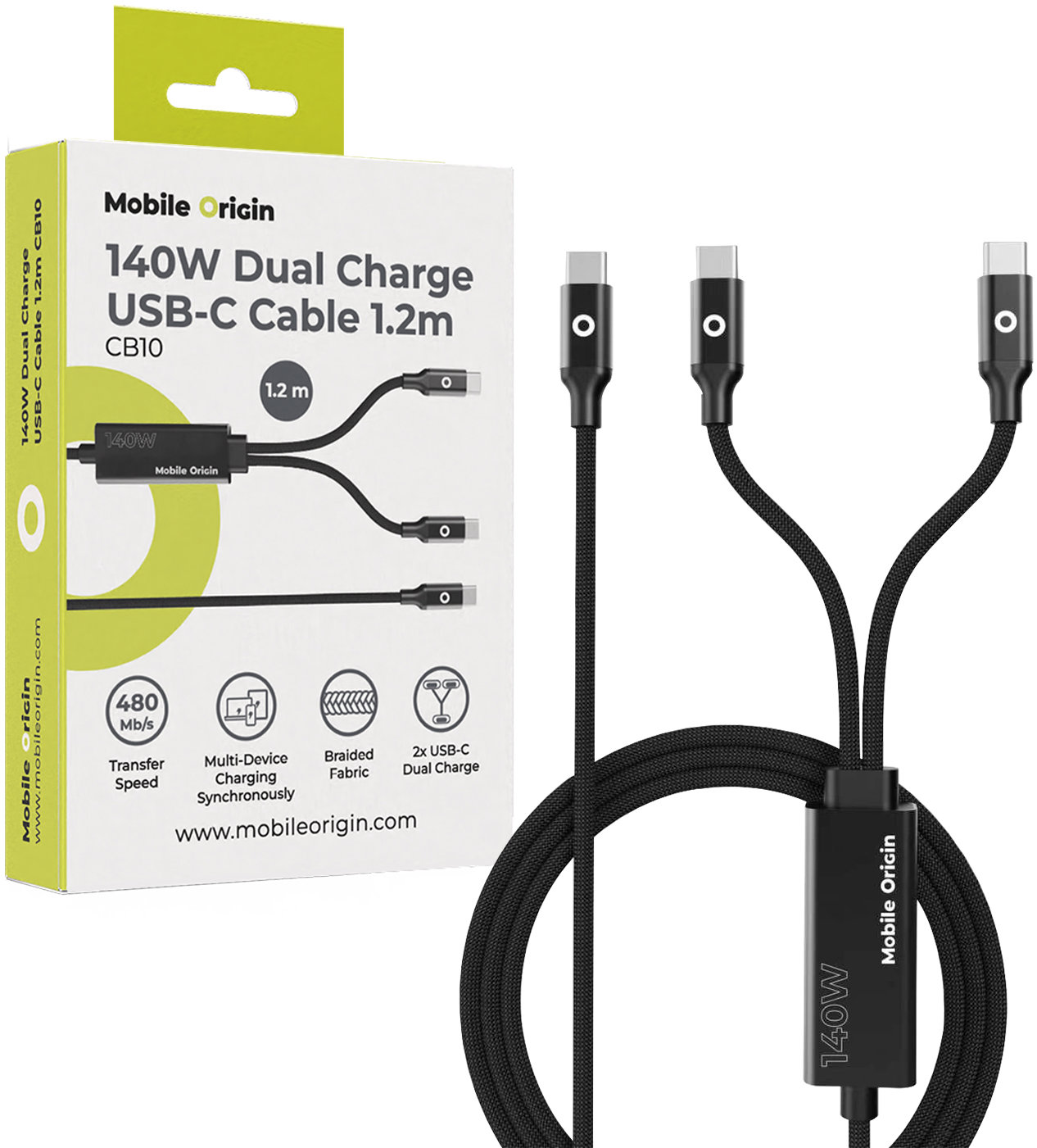 Mobile Origin 140 W Dual Charge USB-C Cable 1,2 m CB10