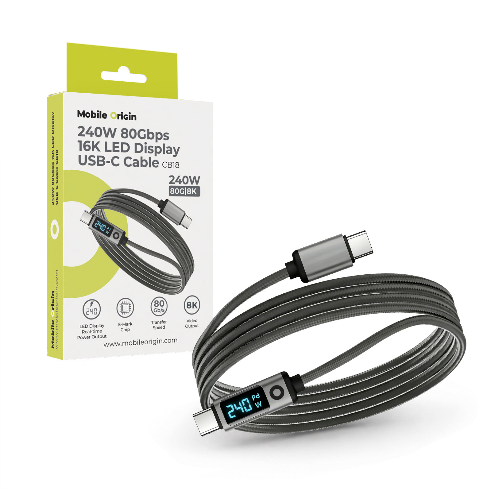 Mobile Origin 240 W 80 Gbps, 8K/60 Hz LED Display USB-C Cable 1,5 m CB18
