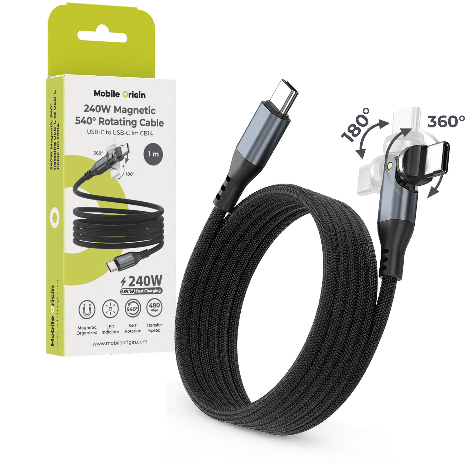 Mobile Origin 240 W Magnetic 540° Rotating USB-C to USB-C Cable 1 m CB14