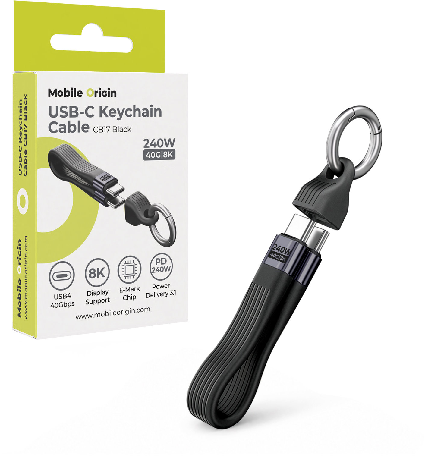 Mobile Origin 240 W 40 Gbps 8K USB-C Keychain Cable CB17 Black