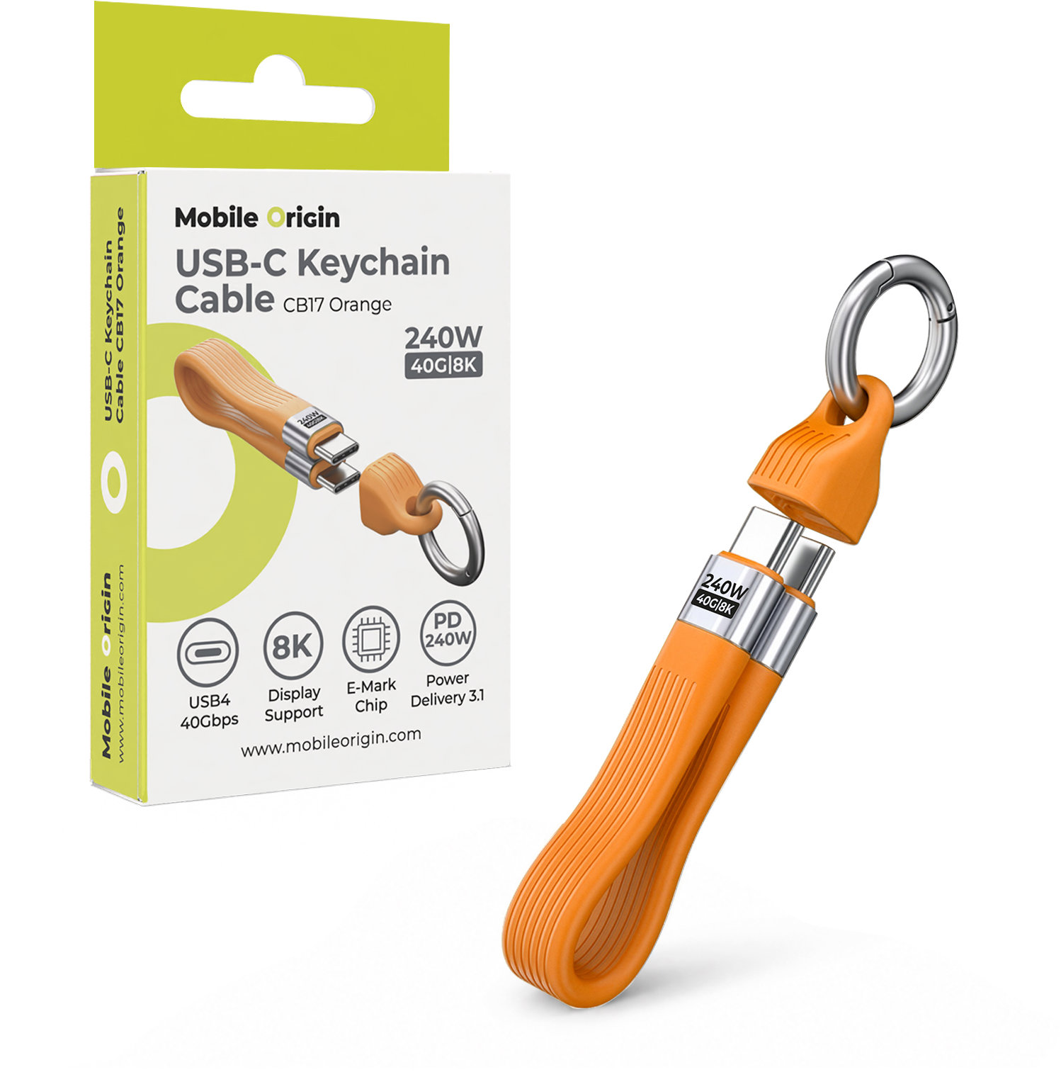 Mobile Origin 240 W 40 Gbps 8K USB-C Keychain Cable CB17 Orange