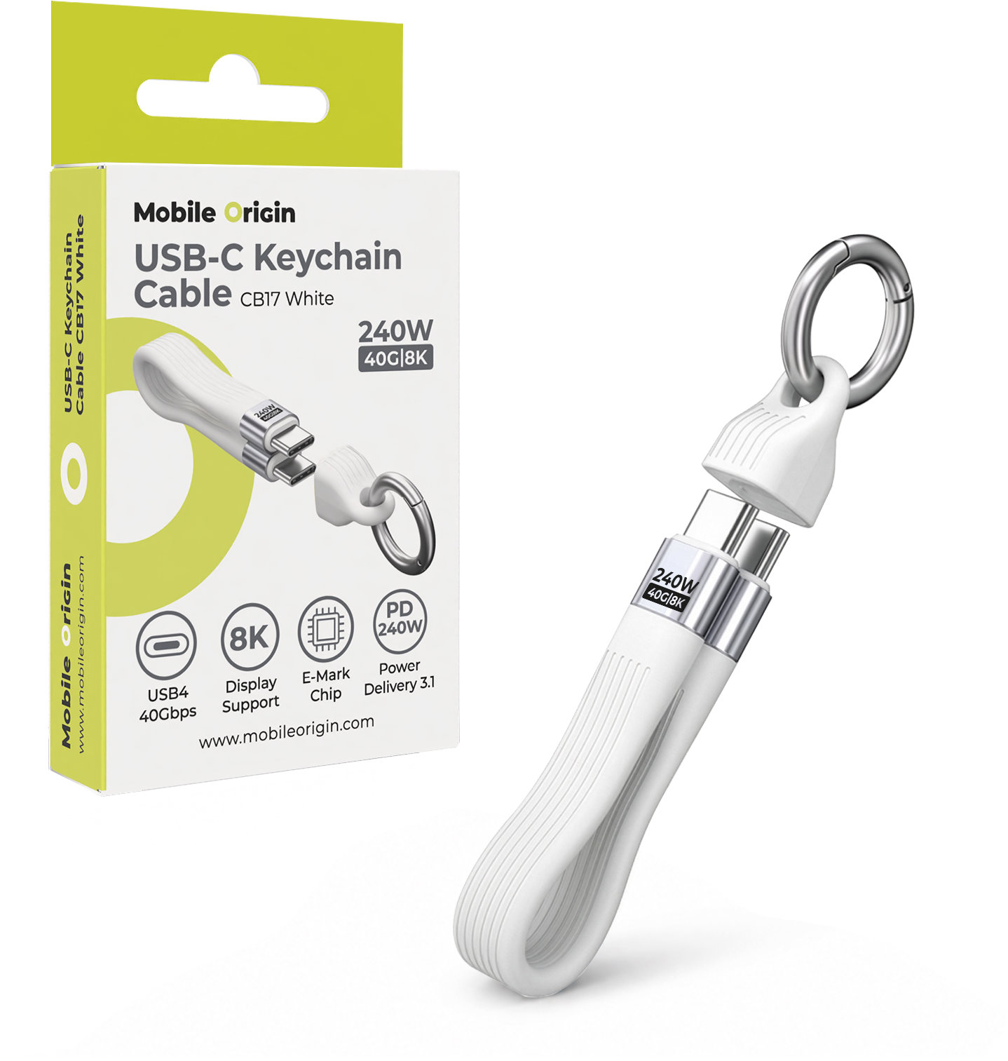 Mobile Origin 240 W 40 Gbps 8K USB-C Keychain Cable CB17 White