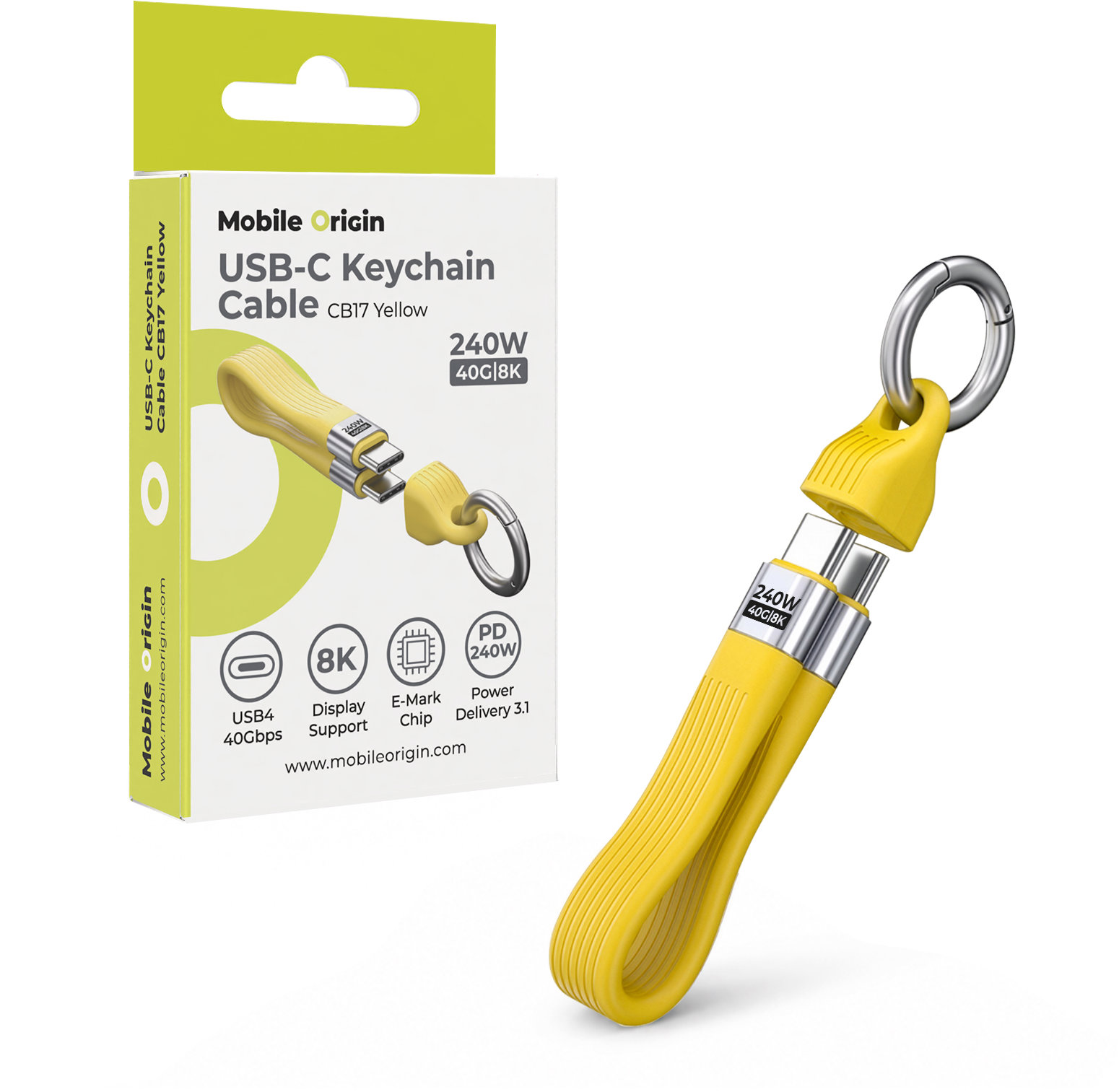 Mobile Origin 240 W 40 Gbps 8K USB-C Keychain Cable CB17 Yellow