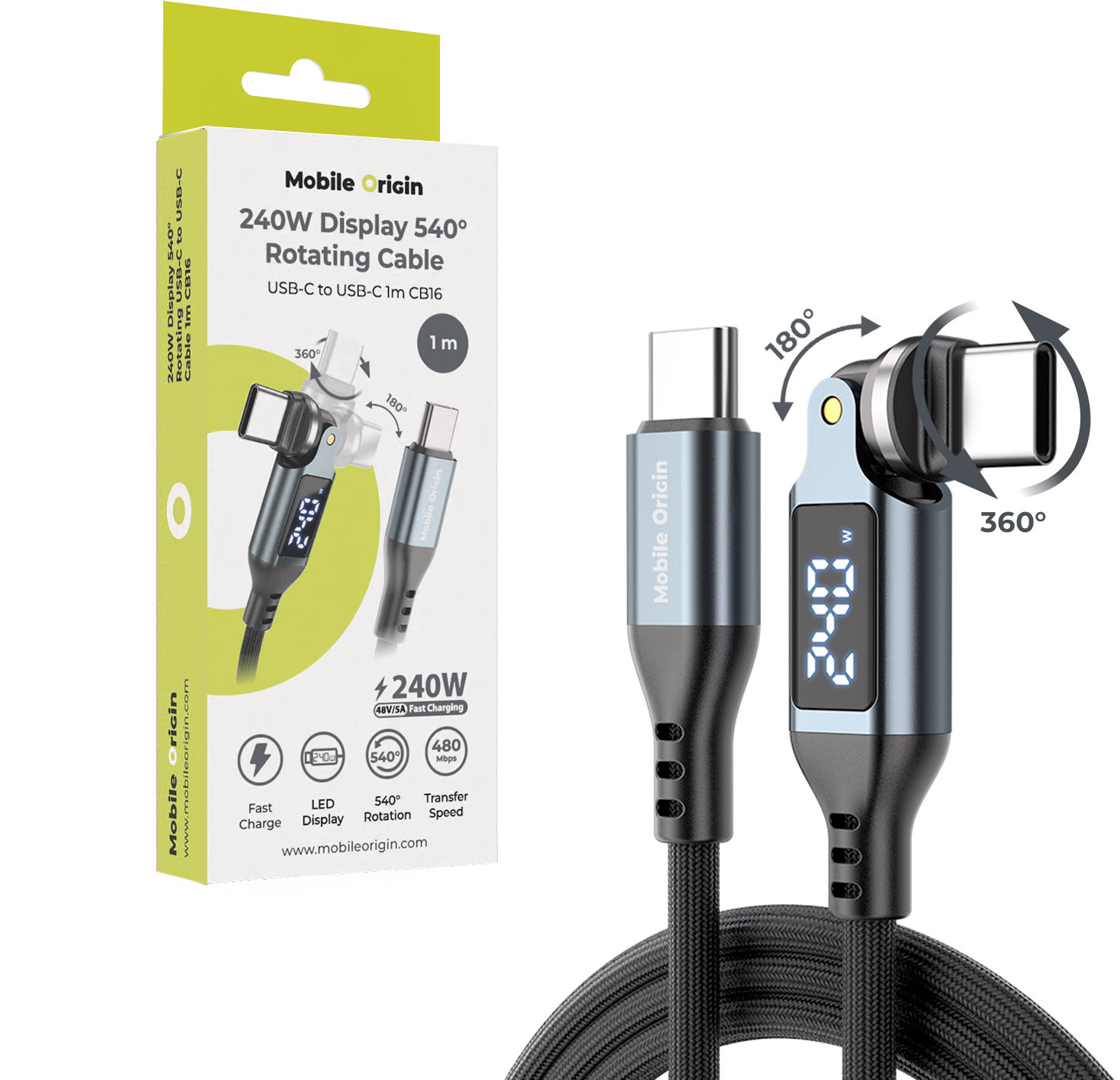 Mobile Origin 240 W Display 540° Rotating USB-C to USB-C Cable 1 m CB16