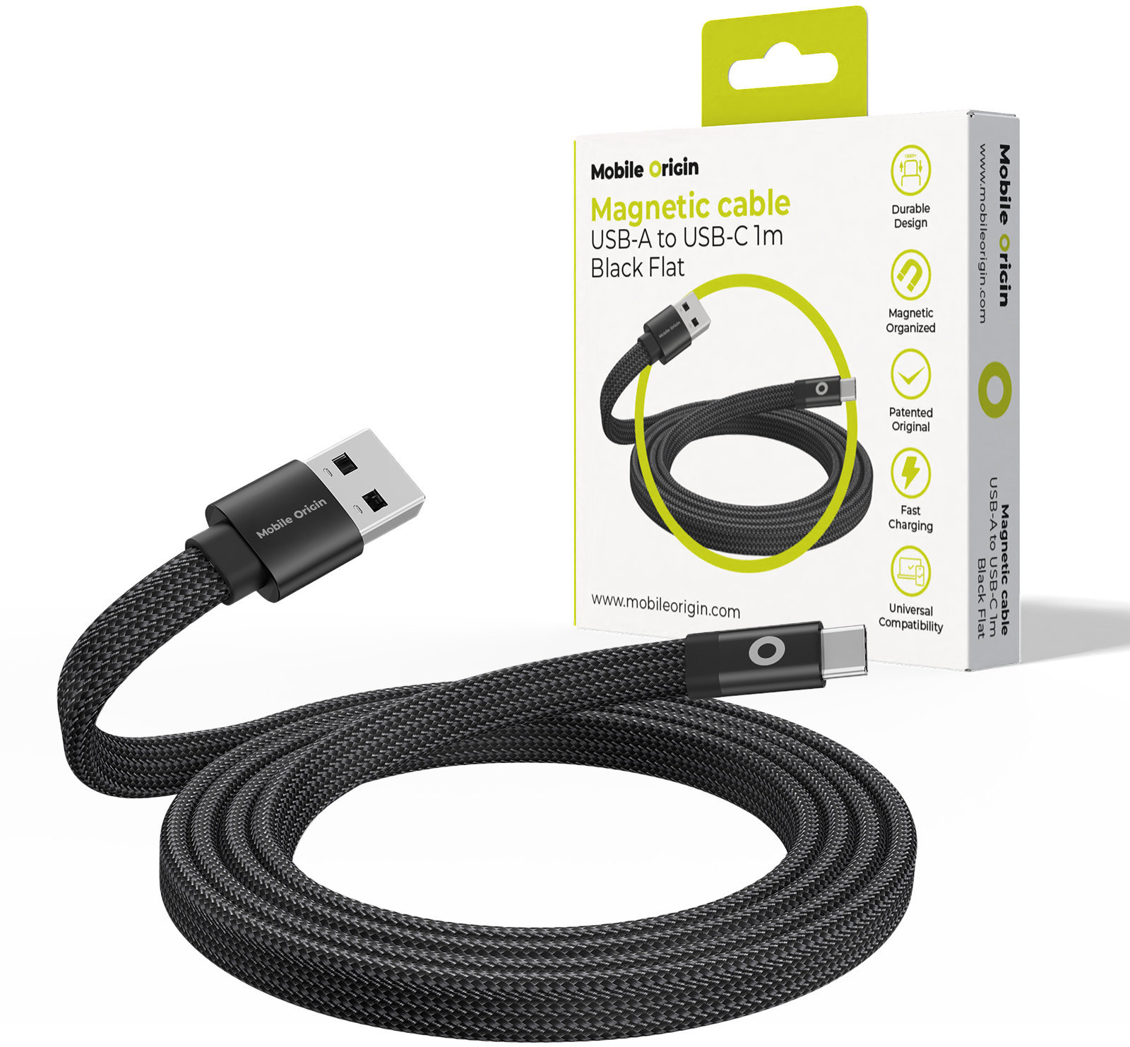 Mobile Origin Magnetic Flat Patented Original Cable USB-A to USB-C 1 m, Black