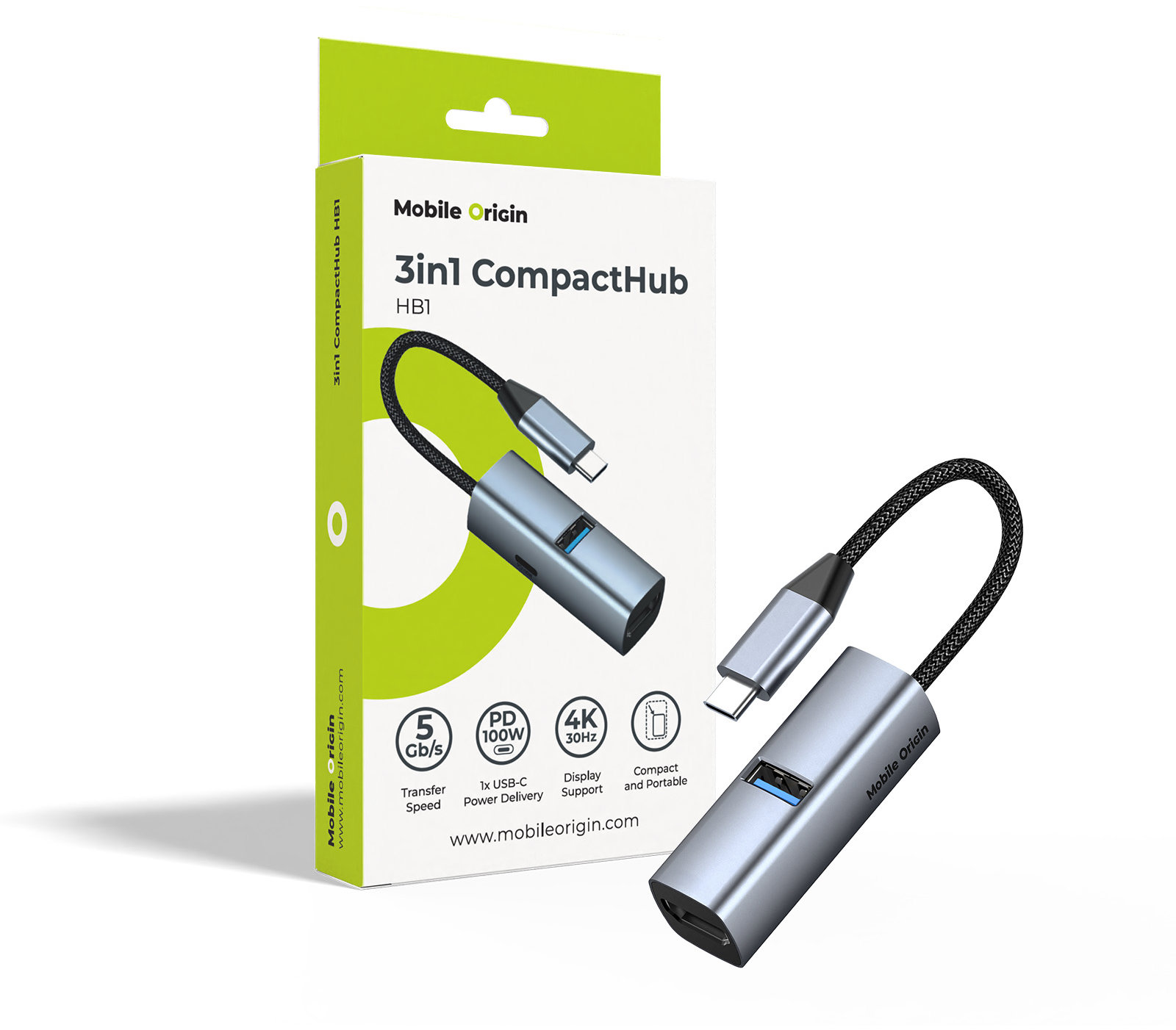 Mobile Origin 3 in 1 CompactHub HB1 – USB-A, USB-C, HDMI, USB-C Cable