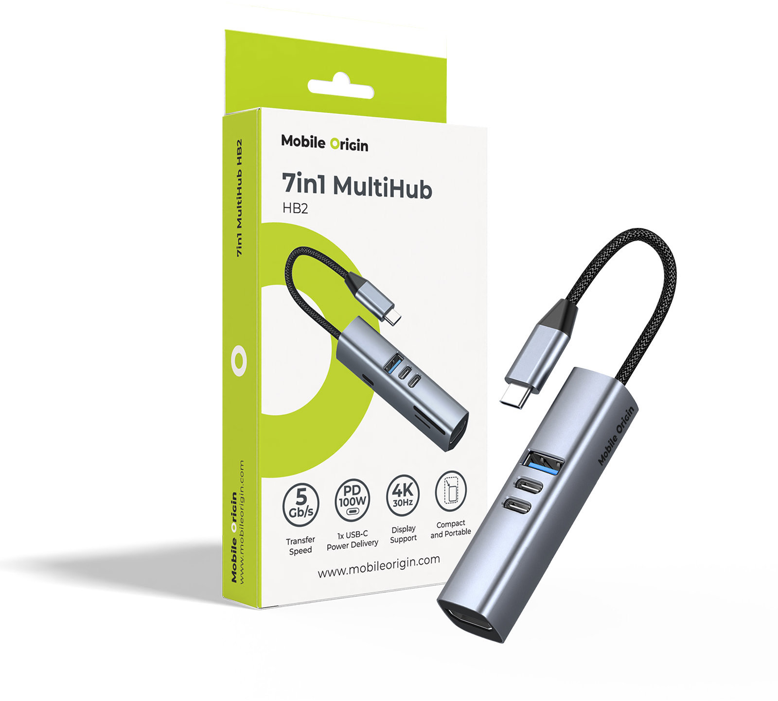 Mobile Origin 7 in 1 MultiHub HB2 – 3× USB-C, USB-A, HDMI, TF/SD Cards, USB-C Cable