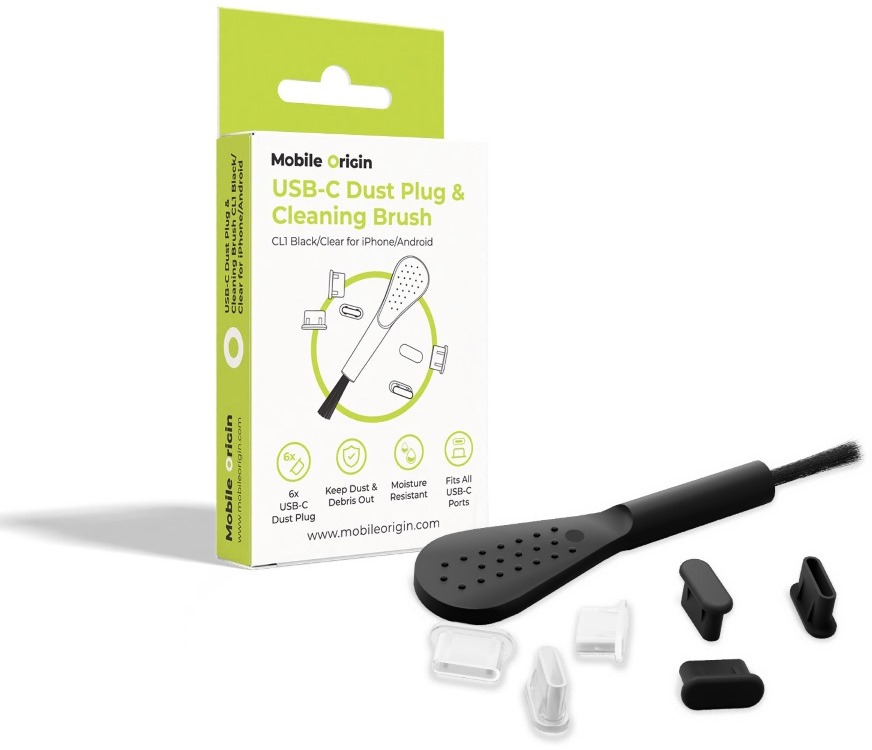 Mobile Origin USB-C Dust Plugs Black & White + Cleaning Brush, CL1