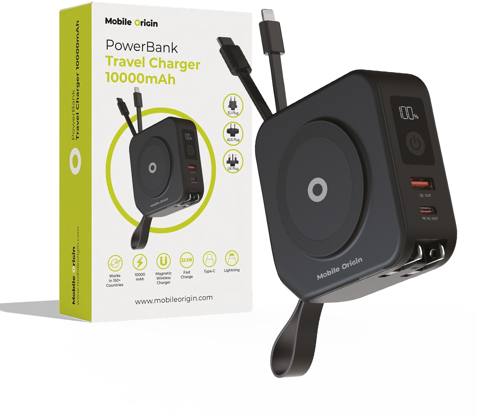 Mobile Origin Powerbank 10 000 mAh and Travel Charger Lightning and USB-C cable Black