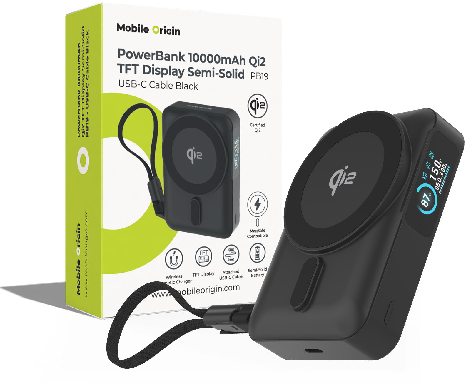 Mobile Origin 10000 mAh Qi2 TFT Display Semi-Solid PowerBank PB19 – USB-C Cable Black