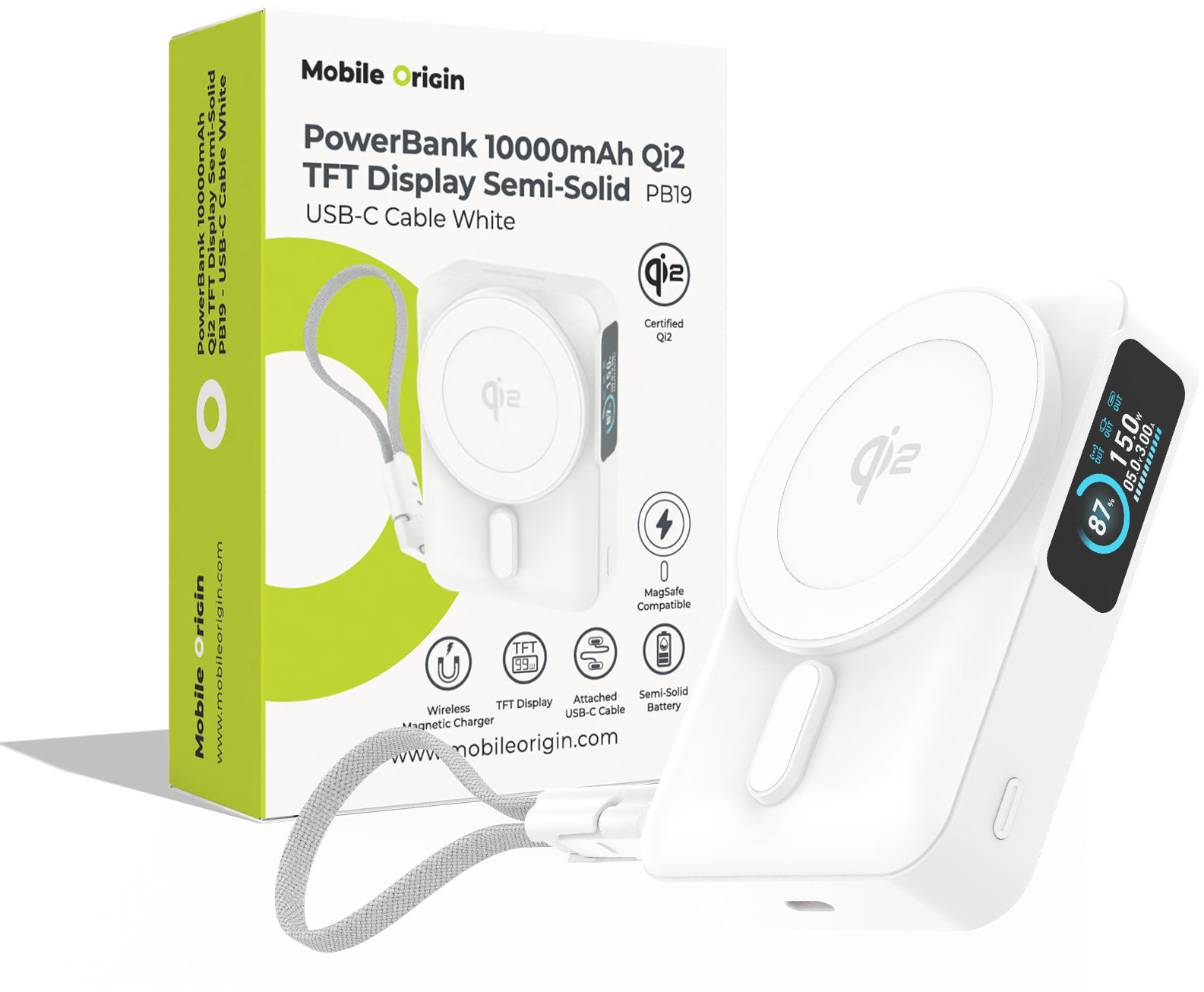 Mobile Origin 10000 mAh Qi2 TFT Display Semi-Solid PowerBank PB19 – USB-C Cable White