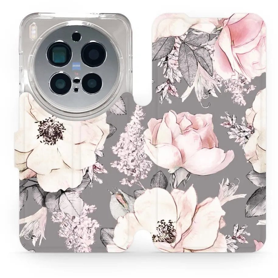 Mobiwear Flip puzdro pre Vivo X300 Pro kvety na sivom