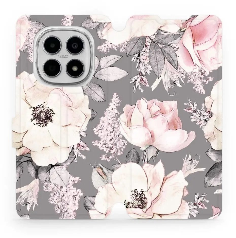 Mobiwear Flip puzdro pre Xiaomi Redmi Note 15 4G kvety na sivom