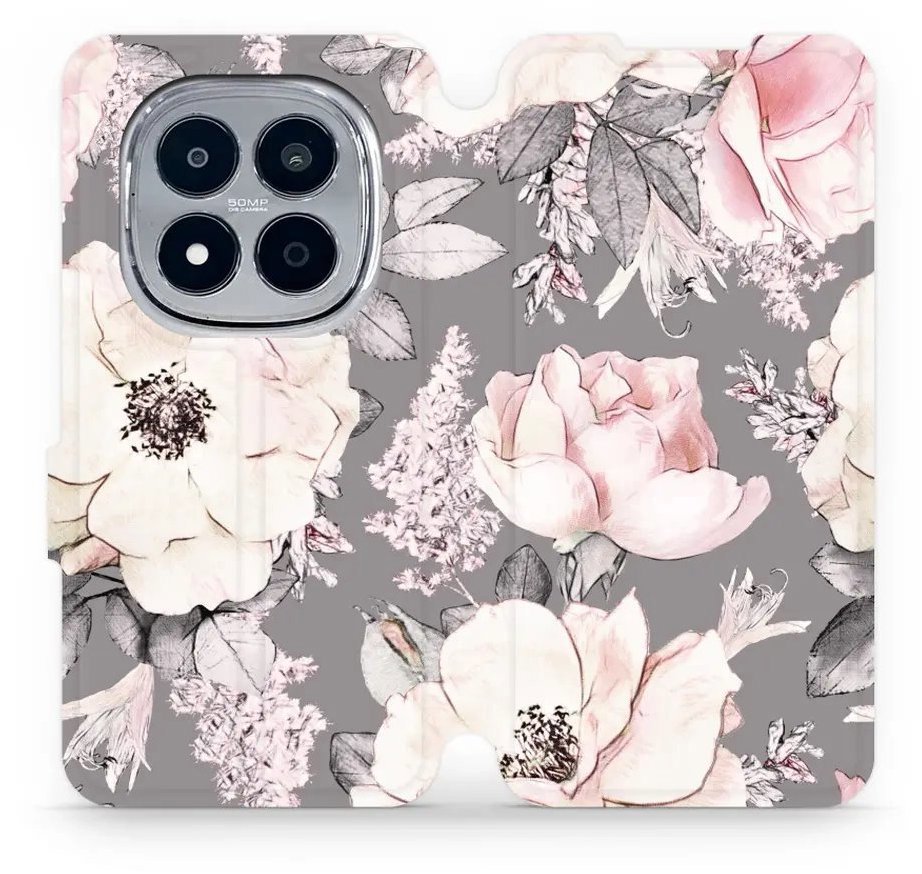 Mobiwear Flip puzdro pre Xiaomi Redmi Note 15 Pro+ 5G kvety na sivom