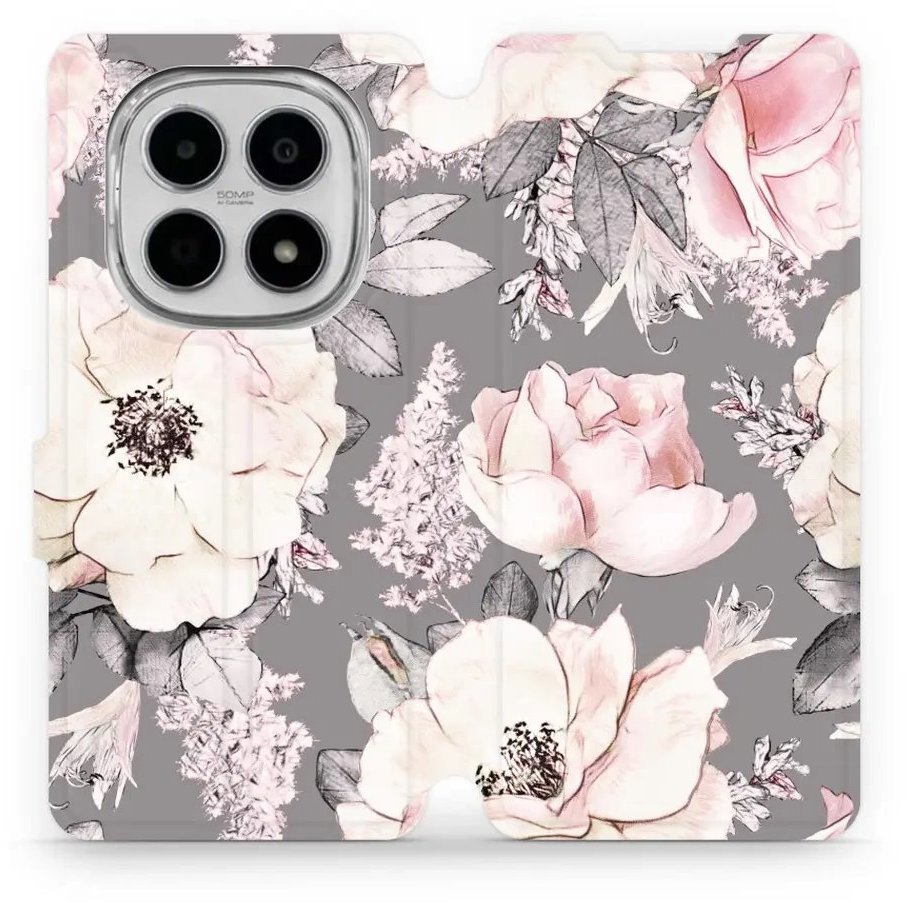 Mobiwear Flip puzdro pre Xiaomi Redmi Note 15 5G kvety na sivom