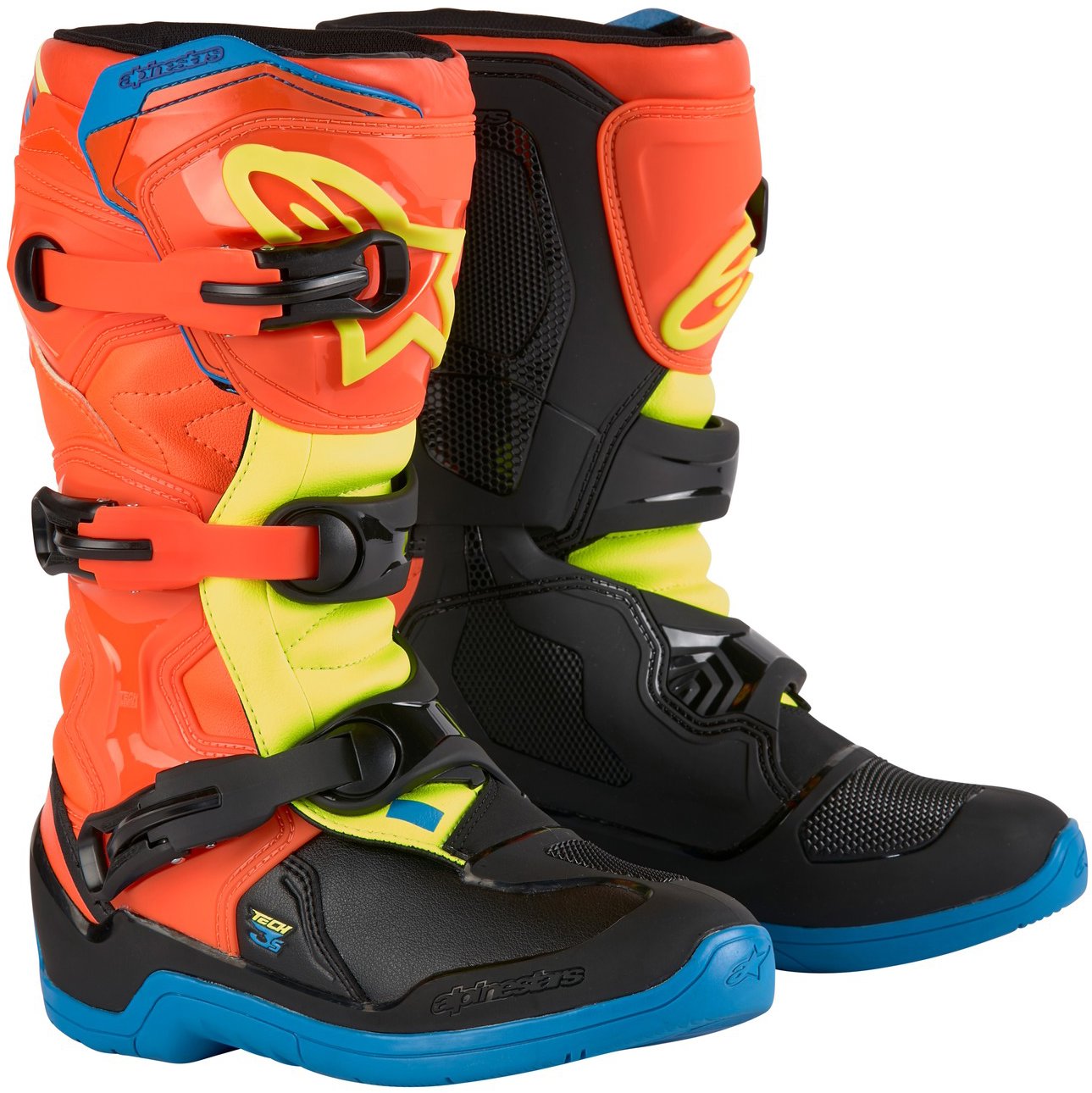 ALPINESTARS topánky TECH 3S YOUTH, detské, oranžové fluo/modré/žlté fluo/čierne, 2025, veľ. 39