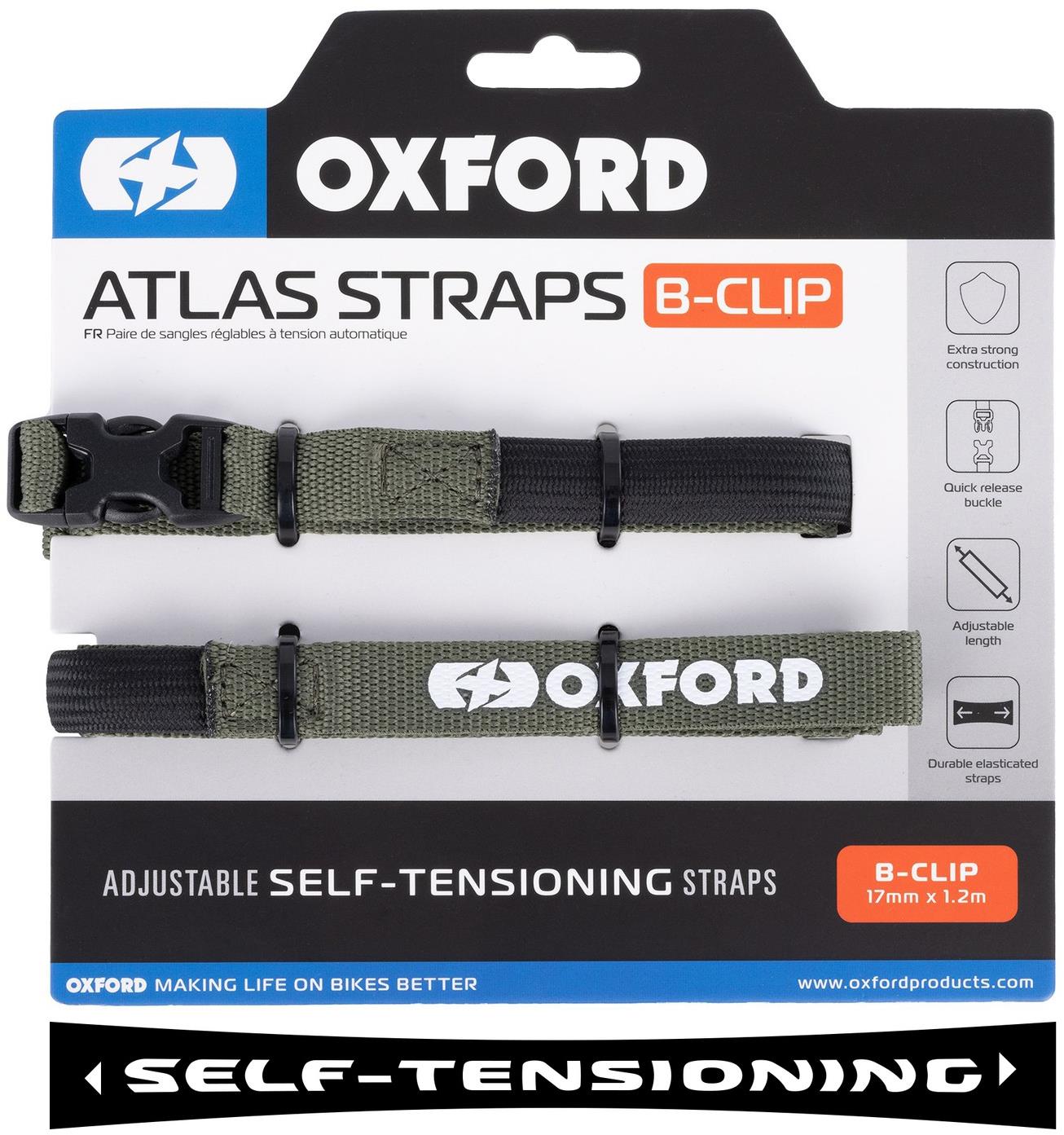 OXFORD batožinové popruhy Atlas B-Clip, 2 ks, 17 mm × 1,2 m, zelené