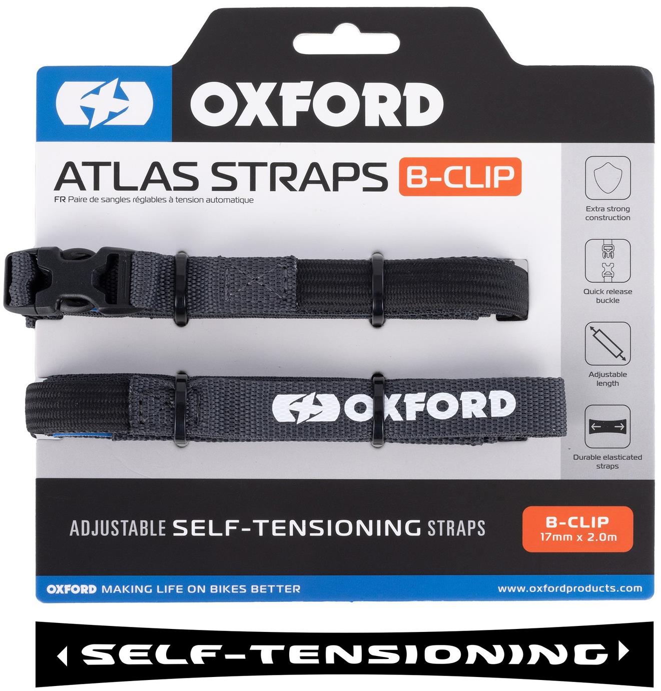 OXFORD batožinové popruhy Atlas B-Clip, 2 ks, 17 mm × 2 m, sivé