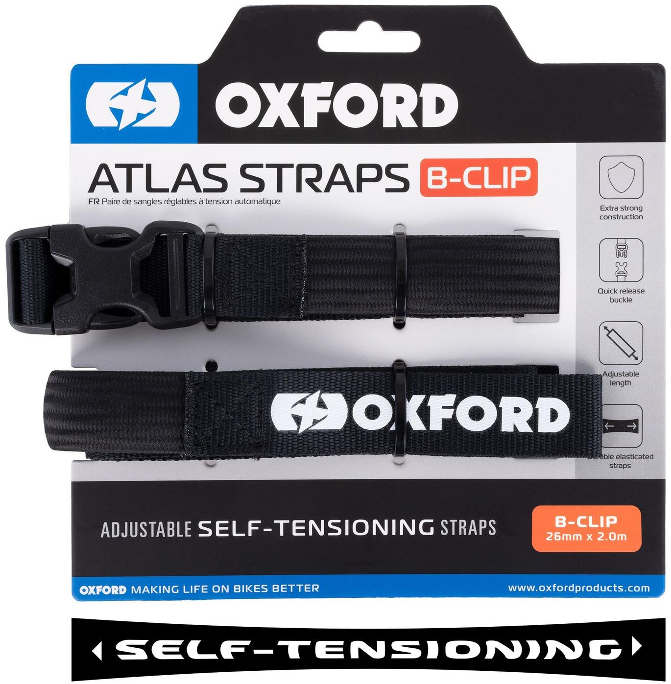 OXFORD batožinové popruhy Atlas B-Clip, 2 ks, 26 mm × 2 m, čierne