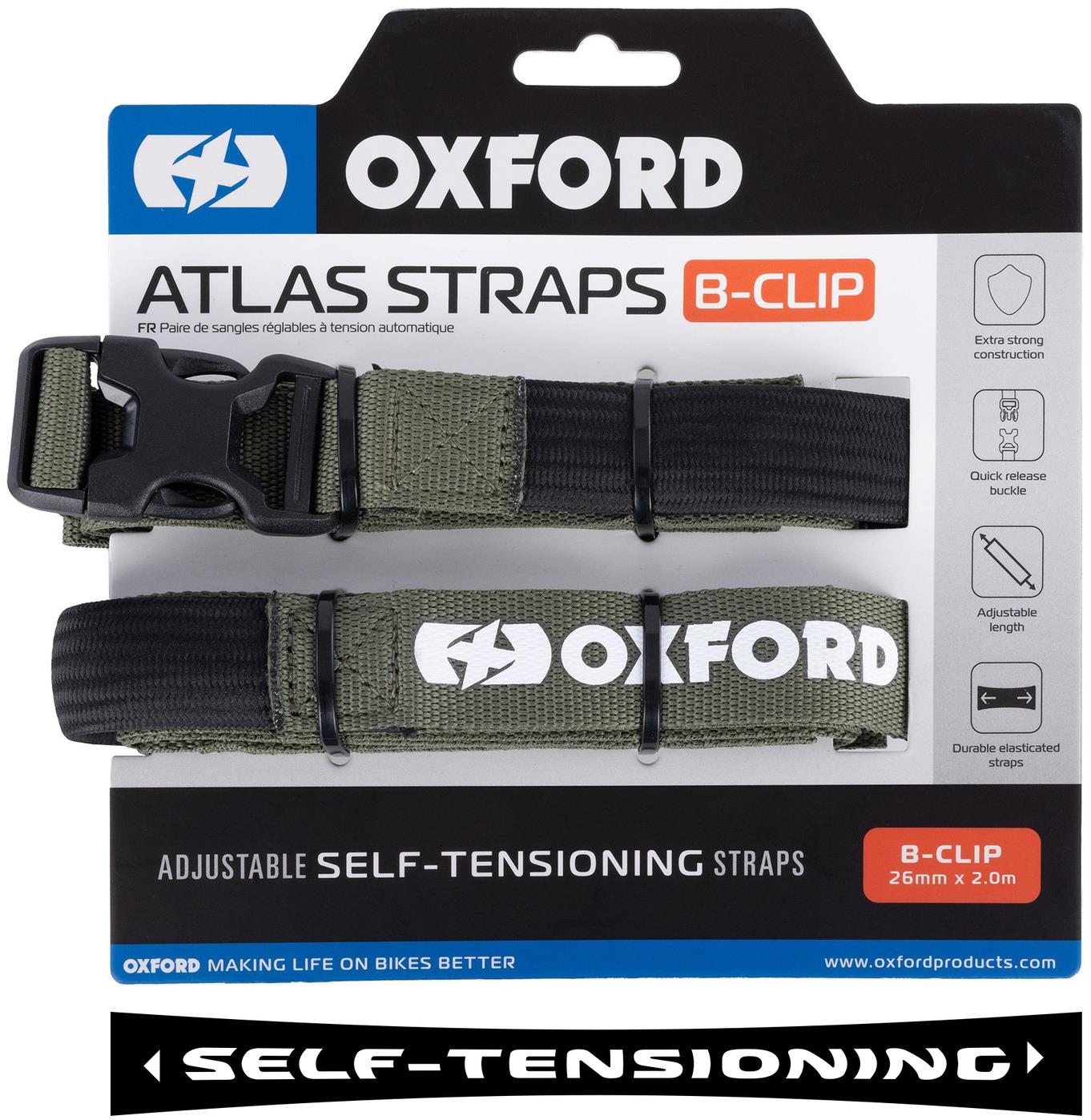 OXFORD batožinové popruhy Atlas B-Clip, 2 ks, 26 mm × 2 m, zelené