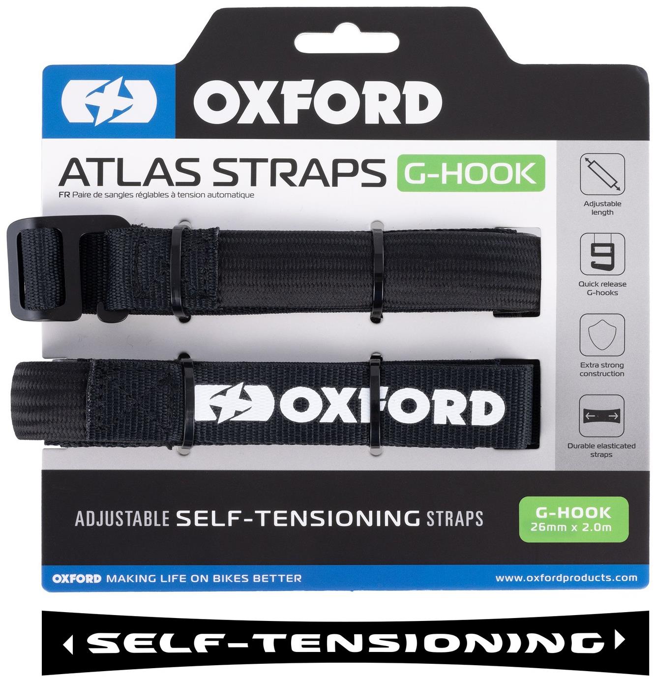 OXFORD batožinové popruhy Atlas G-Hook, 2 ks, 26 mm × 2 m, čierne