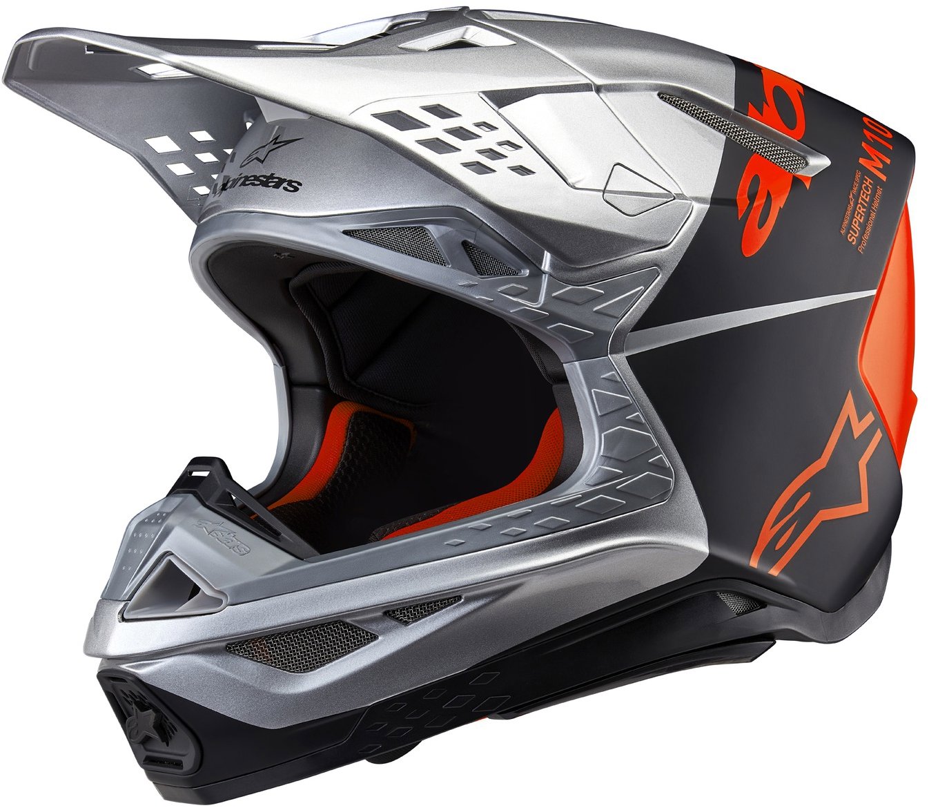 ALPINESTARS prilba SUPERTECH S-M10 FLOOD, 2025, strieborná/čierna matná/oranžová fluo, veľkosť L