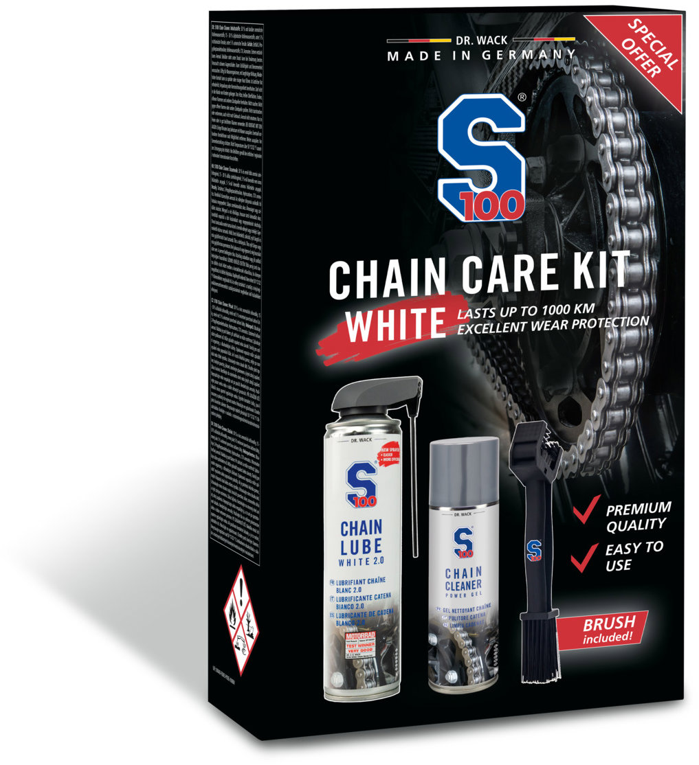 S100 sada péče o řetěz (mazivo, čistič, kartáč) - Chain Care Kit (White Lube)