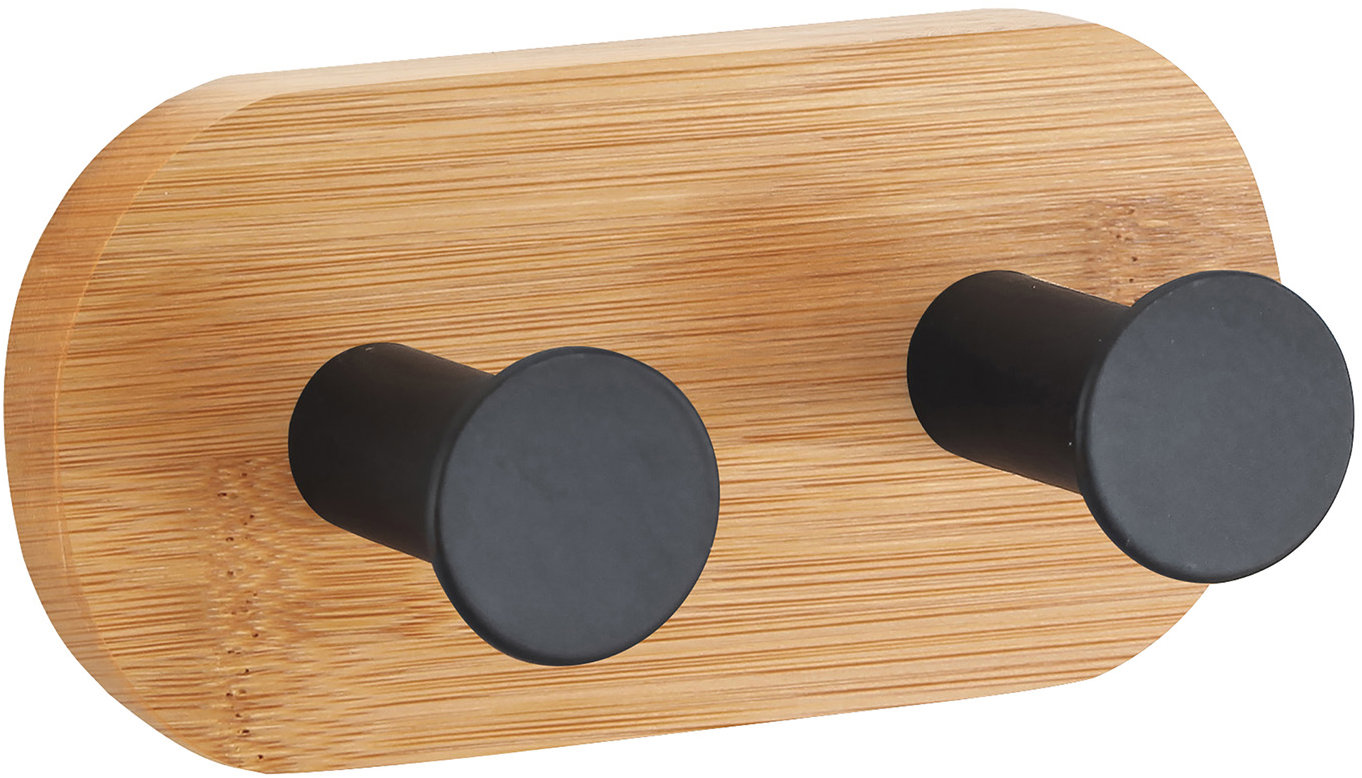 MSV samolepiaci vešiak s 2 háčikmi YONO, čierny, bambus, oceľ, 94 × 53 × 36 mm
