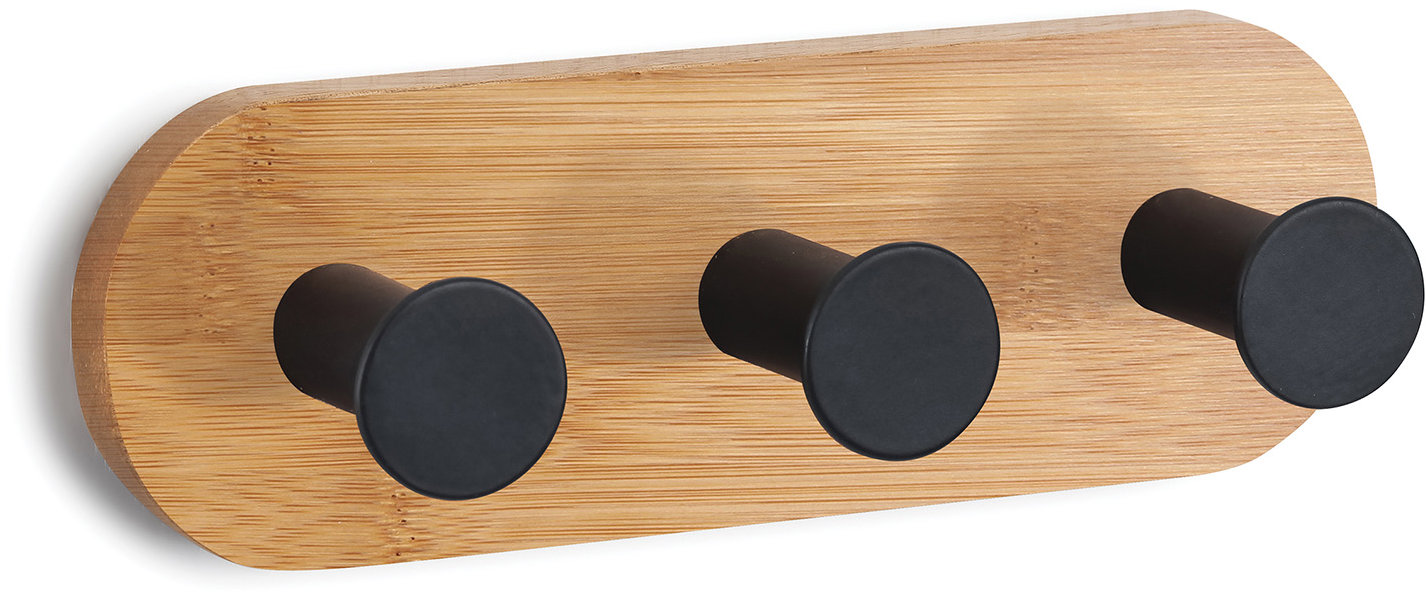 MSV samolepiaci vešiak s 3 háčikmi YONO, čierny, bambus, oceľ, 135 × 45 × 36 mm