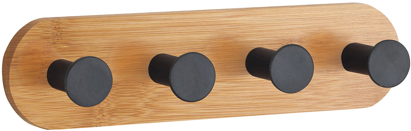 MSV samolepiaci vešiak so 4 háčikmi YONO, čierny, bambus, oceľ, 18 × 4,5 × 3,6 cm