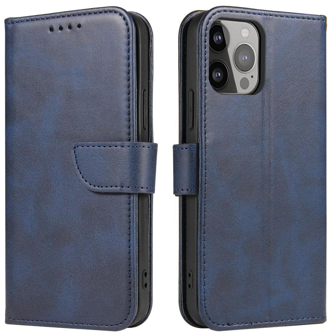 Magnet knižkové kožené puzdro na iPhone 14 Plus, modré