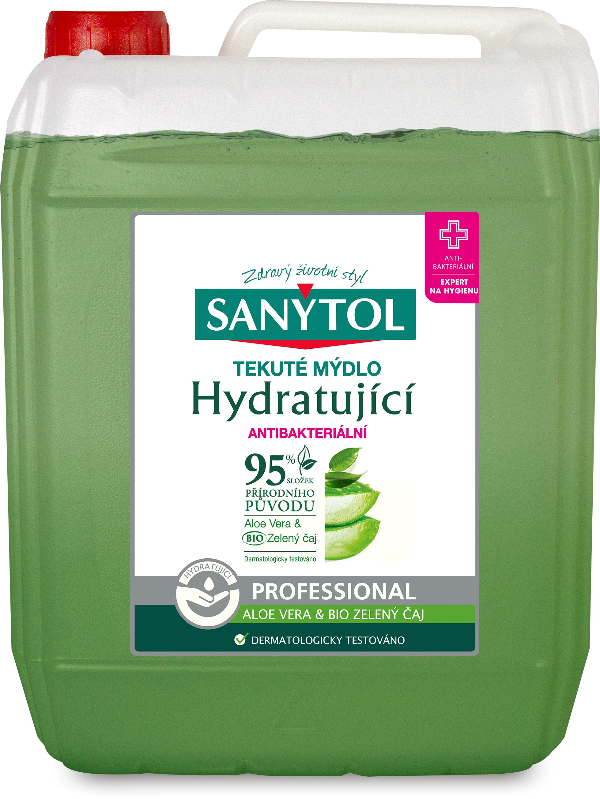 SANYTOL – Tekuté mydlo hydratujúce, antibakteriálne Professional Aloe Vera & Bio, zelený čaj, 5 l