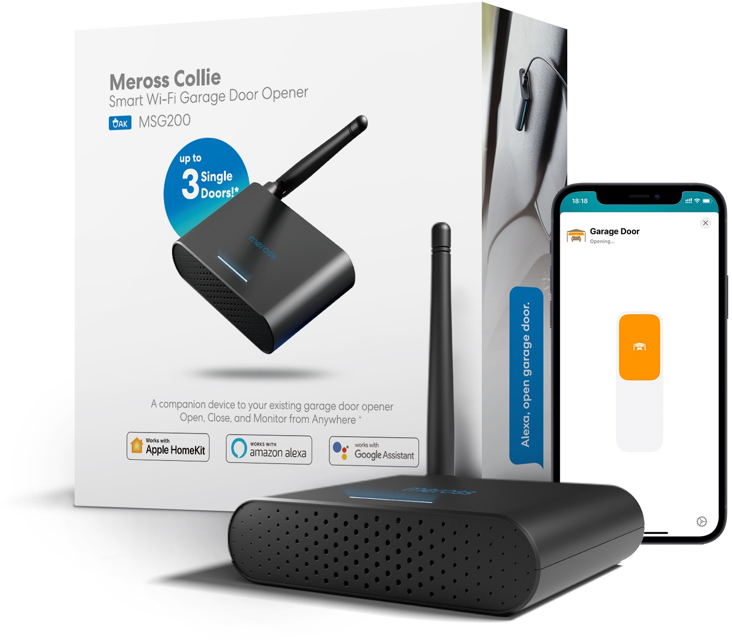 Meross Smart WiFi Garage Door Opener, wireless, for 3 doors