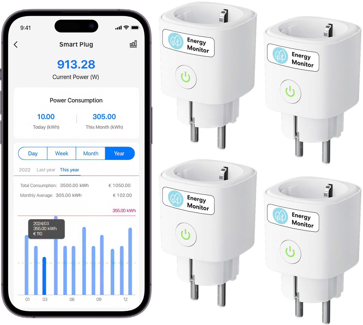 Meross Matter Compatible Smart WiFi Plug with Energy Monitor (4 pack)