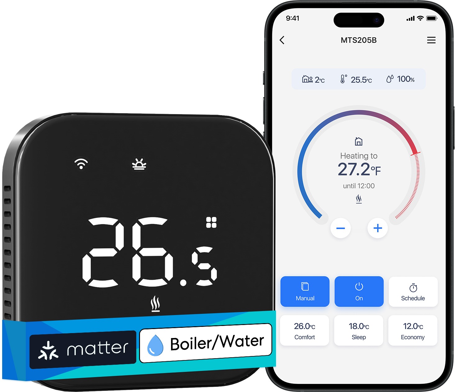 Meross Smart Wii Thermostat for Boiler/Water Heating System, čierny