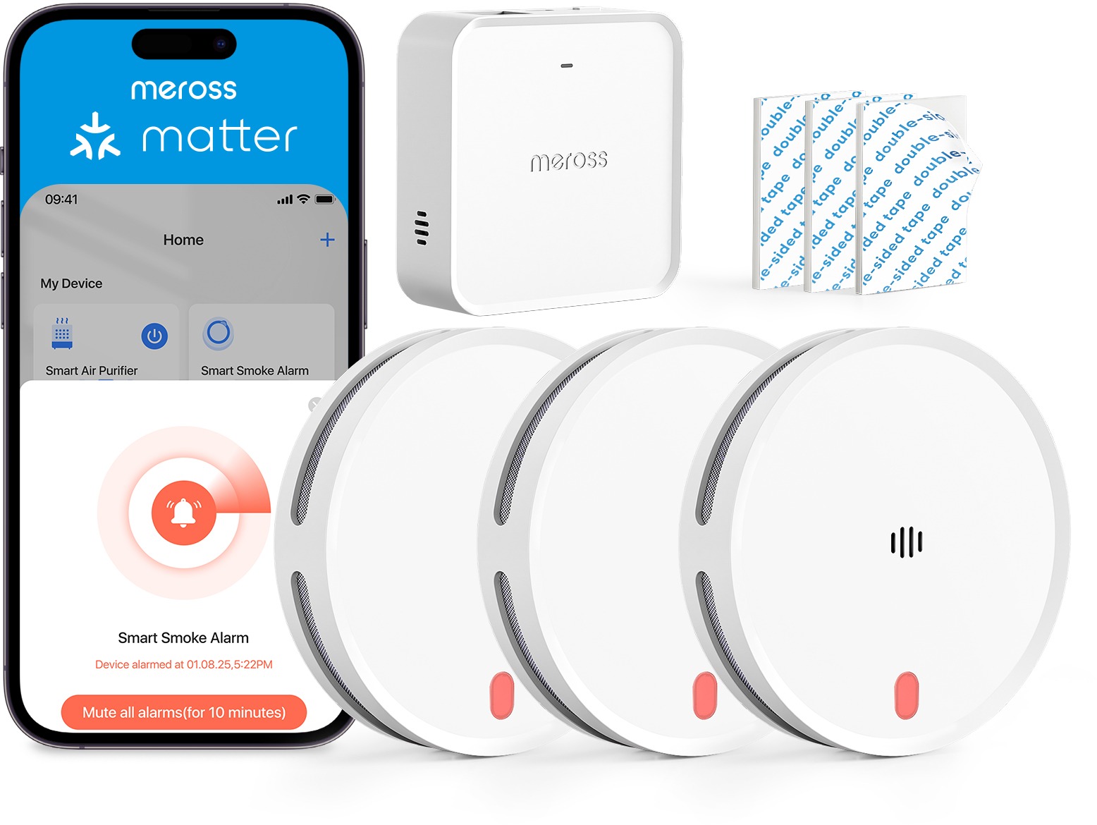 Meross Smart Smoke Alarm – sada 3× MA151 + 1× MSH450 Matter hub