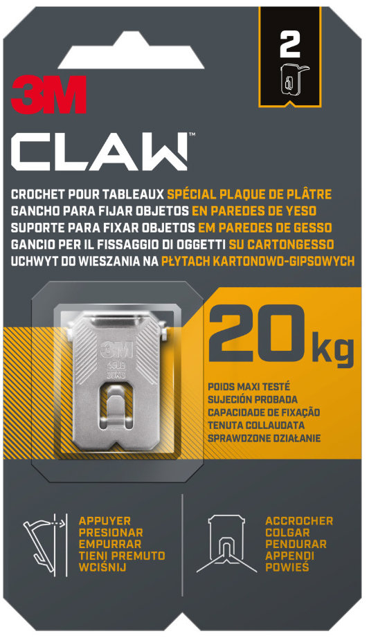 3M™ CLAW™ Ručne zatláčací háčik do sadrokartónu, 2 ks, nosnosť 20 kg