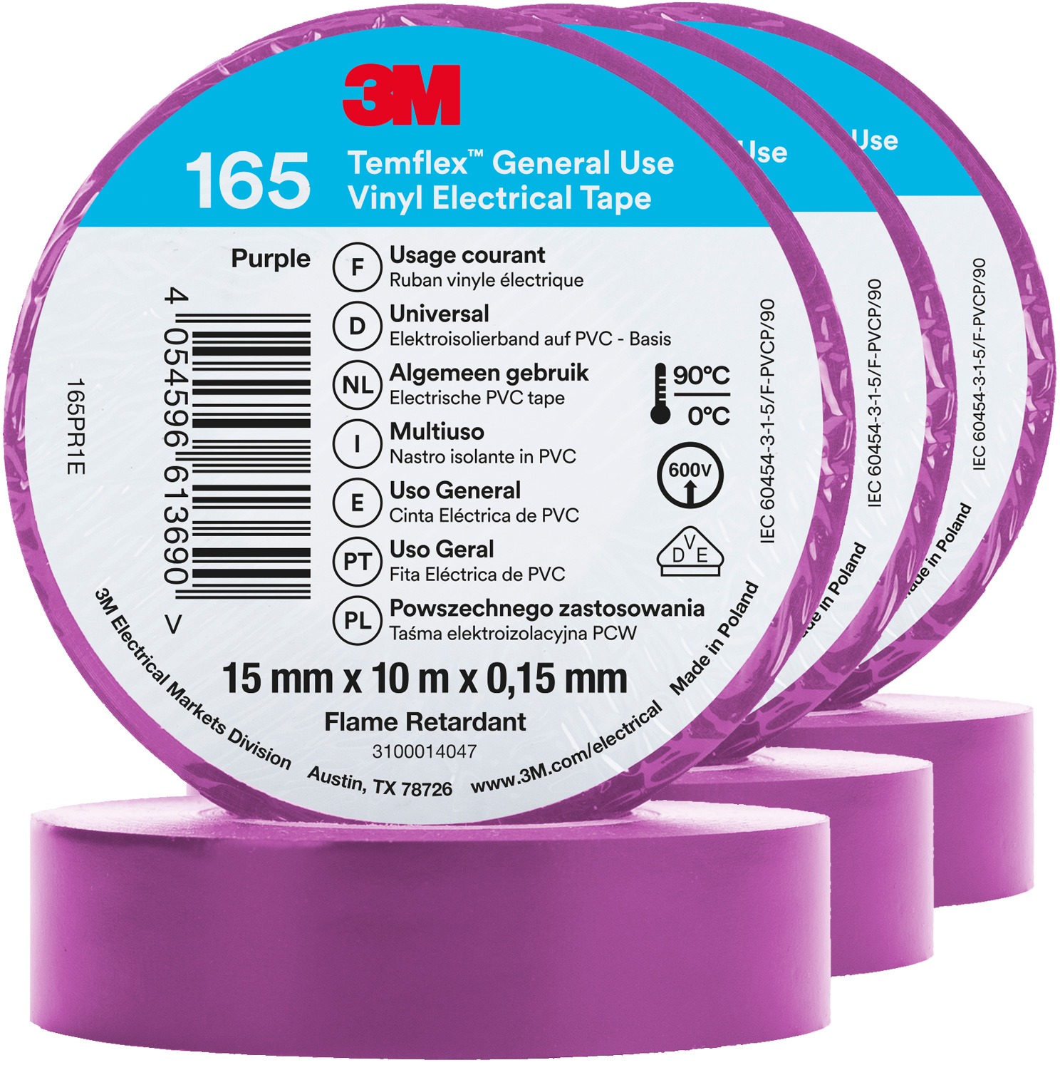 3M Izolačná páska Temflex 165, rozmer 15 mm × 10 m × 0,15 mm, farba fialová, 3 ks