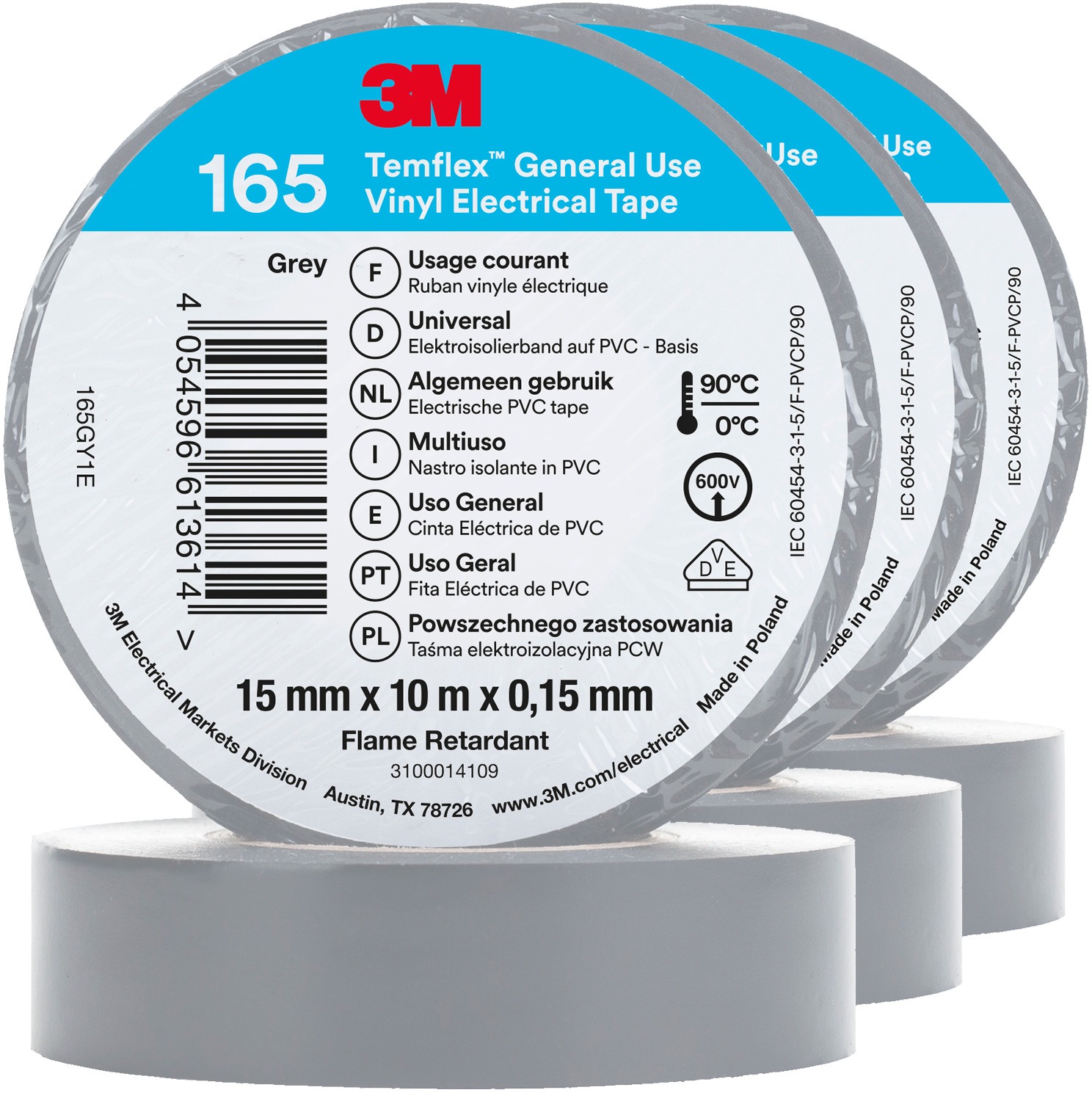 3M Izolačná páska Temflex 165, rozmer 15 mm × 10 m × 0,15 mm, farba sivá, 3 ks