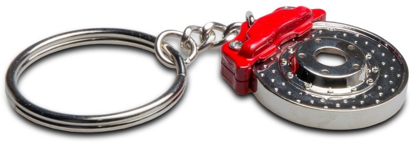 Prívesok na kľúče – vŕtaný brzdový kotúč s strmeňom