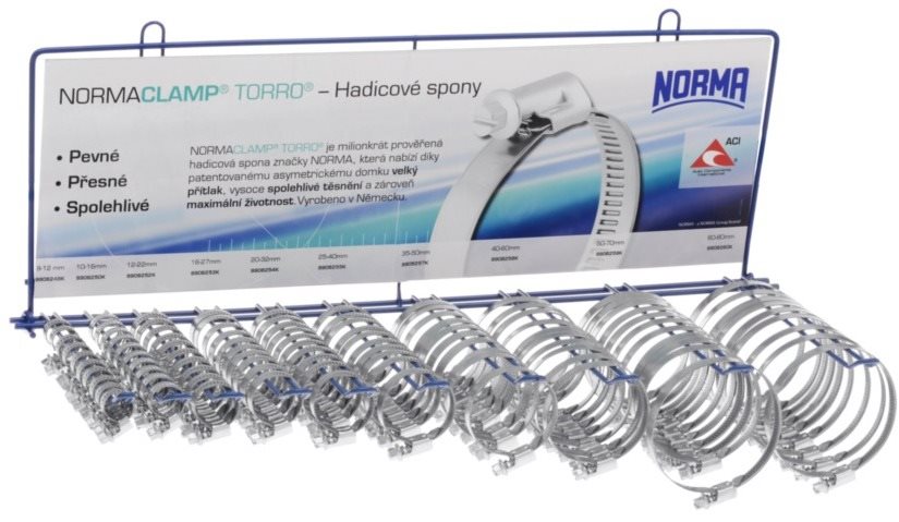 ACI stojan osadený neperforovanými hadicovými sponami typ W1, (10x10 ks) NORMACLAMP TORRO