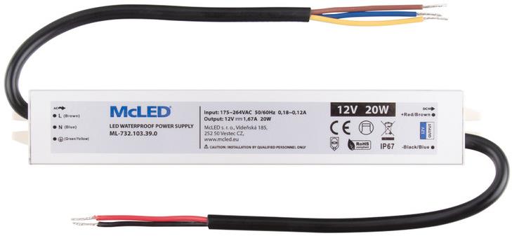McLED Napájací zdroj longevity 20 W, DC12V/1.67A, IP67, hliníkový